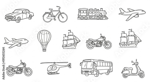Collection of hand drawn transportation vehicles and modes of travel.