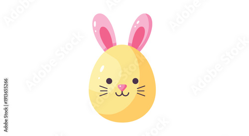 An adorable yellow Easter egg features a cheerful cartoon bunny face with pink ears, rosy cheeks, and black whiskers.