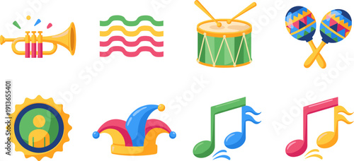 Carnival music icon set with trumpet drum maracas jester hat musical notes colorful festival vector illustration