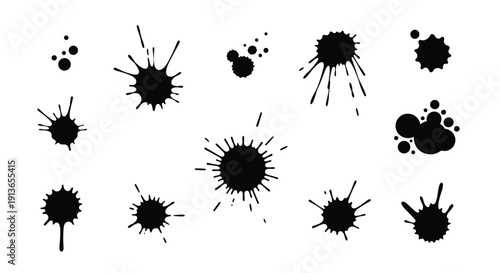 A varied assortment of black ink splatters, dots, and radial bursts in different sizes and forms, isolated on a stark white background.