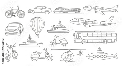 Collection of hand drawn transportation vehicles and modes of travel.
