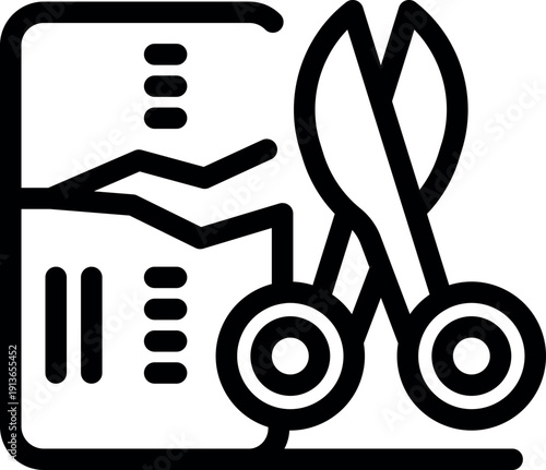 Scissors cutting a credit card showing a declining graph, representing bankruptcy, financial crisis, and debt