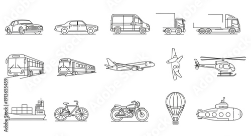 Collection of hand drawn transportation vehicles and modes of travel.