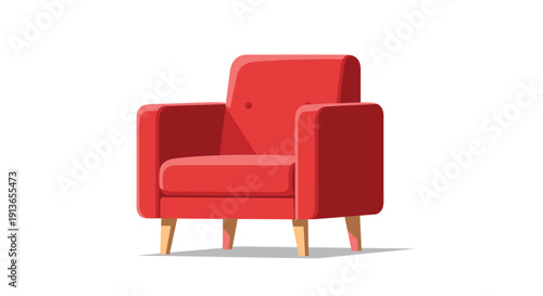 A classic bright red upholstered armchair with sturdy wooden legs and a single button detail, isolated on a clean white background.
