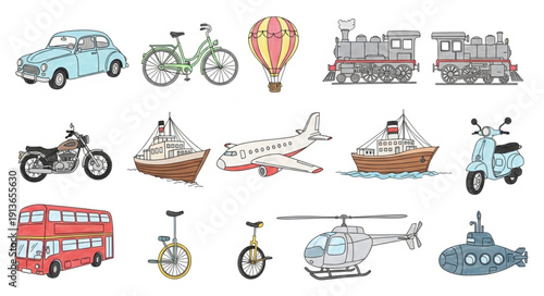 Collection of hand drawn transportation vehicles and modes of travel.