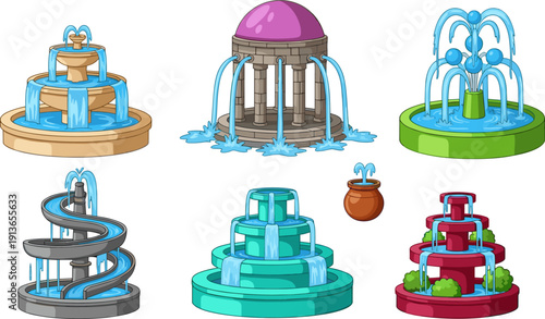 Decorative water fountain collection, cartoon garden and park fountains with flowing water vector illustration set