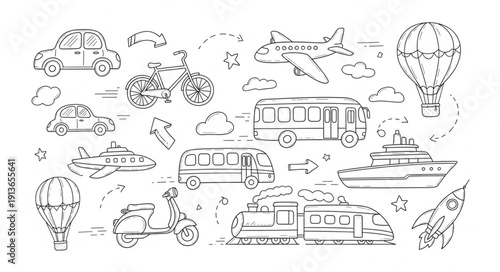 Collection of hand drawn transportation vehicles and modes of travel.