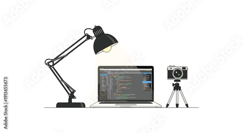 Articulating desk lamp illuminates an open laptop displaying code, next to a vintage-style camera on a small tripod.