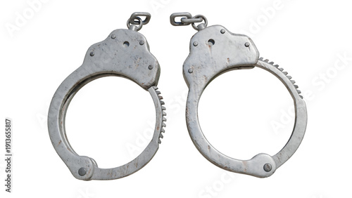 3d render A pair of worn metal handcuffs shown broken and separated, symbolizing freedom, release, or breaking free from restraint