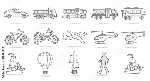 Collection of hand drawn transportation vehicles and objects.
