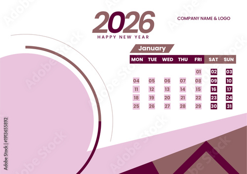2026 Calendar Design: A clean and modern calendar design for the year 2026, perfect for planning, organizing, and staying on schedule. The design incorporates a minimalist aesthetic.