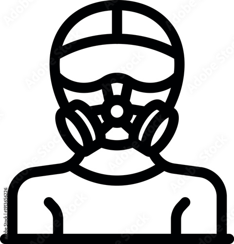 Line drawing of an industrial worker wearing a full face respirator mask for protection in hazardous environments