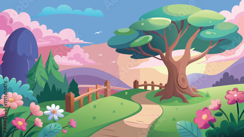 A colorful cartoon landscape depicts a winding path through rolling hills and a large tree