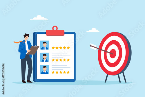 Flat illustration of businessman setting measurable goals and focusing on success target for human resource department performance evaluation framework and workforce objective alignment