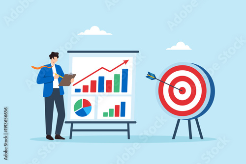 Flat illustration of businessman setting measurable goals and focusing on success target in corporate restructuring phase strategic realignment and performance stabilization plan