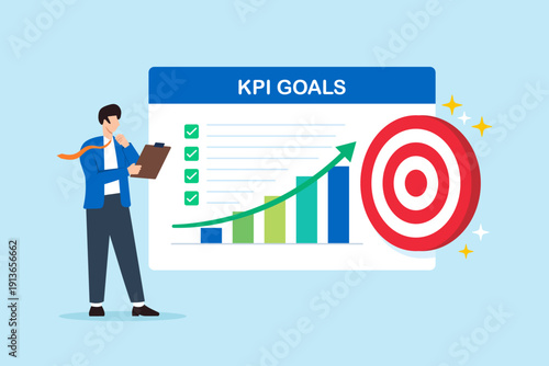Flat illustration of businessman setting measurable goals and focusing on success target for quarterly KPI review presentation and management performance tracking report