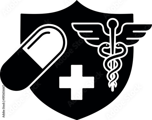 Medical healthcare shield emblem with stethoscope and caduceus wings on black background vector illustration