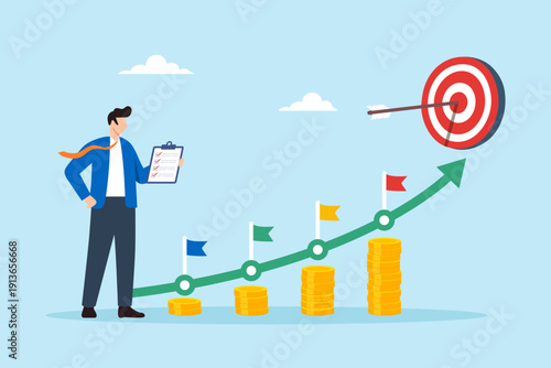 Flat illustration of businessman setting measurable goals and focusing on success target during startup growth phase milestone planning and scalable business roadmap development