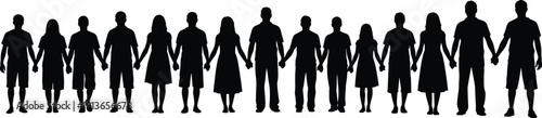 Diverse group of people silhouette standing in a row and holding hands for concept of unity togetherness cooperation friendship support and human connection