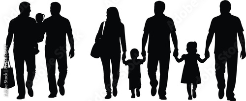 Family silhouette set featuring parents walking with children and holding hands for concept of togetherness love parenting childhood security and happy domestic life vector illustration