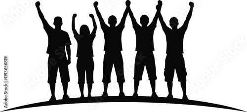 Group of people silhouette standing together with raised hands for concept of success achievement unity victory teamwork protest and freedom isolated vector illustration