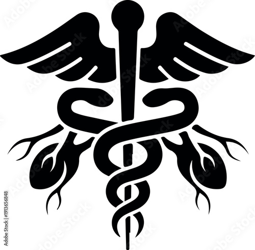 Medical healthcare symbol with wings vector illustration black and white caduceus icon for hospital clinic logo design