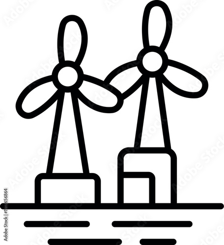 Simple line drawing of two wind turbines generating clean energy on the surface of the water