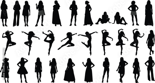 Large collection of female silhouette vector set featuring women in various poses like dancing, jumping, standing, sitting, walking, wearing dresses and fashionable casual summer clothing.