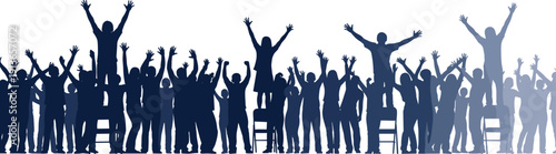 Large crowd silhouette of people with raised hands cheering and celebrating at a concert or sports event for concept of success excitement and unity vector illustration