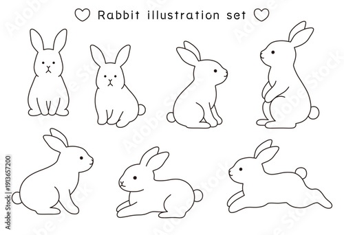 かわいいうさぎのベクターイラストセット。兔、動物