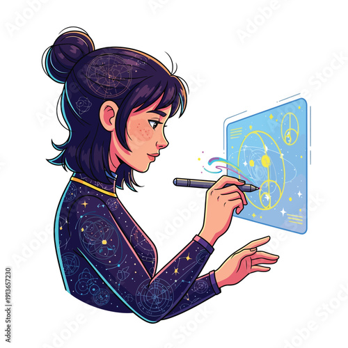 Woman Drawing Futuristic Cosmic Diagram on Digital Tablet Screen. Data Visualization, Astrophysics, and STEM Innovation Vector Illustration.
