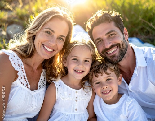 Happy Family Smiling Together Outdoors in Sunlight