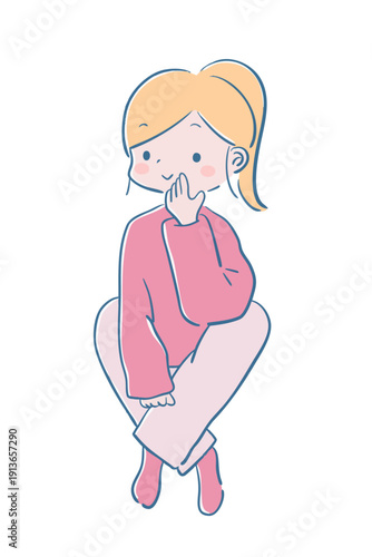 部屋着でリラックスする女の子のシンプルなイラスト