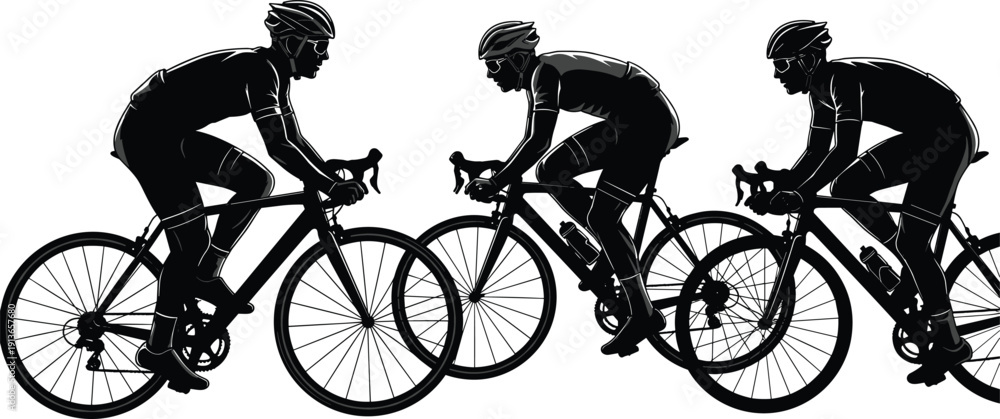 Obraz premium Professional road cyclists silhouette set riding bicycles in a race for concept of sports competition fitness speed endurance teamwork and active lifestyle vector illustration