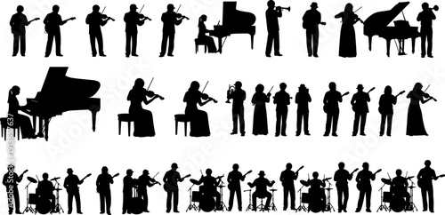 Musician silhouette collection, orchestra and band performers with instruments isolated on white background for music illustration design
