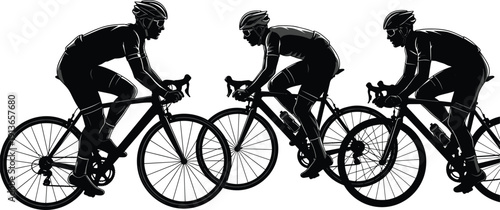 Professional road cyclists silhouette set riding bicycles in a race for concept of sports competition fitness speed endurance teamwork and active lifestyle vector illustration