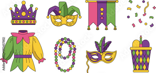Mardi Gras carnival icon set with mask crown beads costume confetti festive vector illustration isolated
