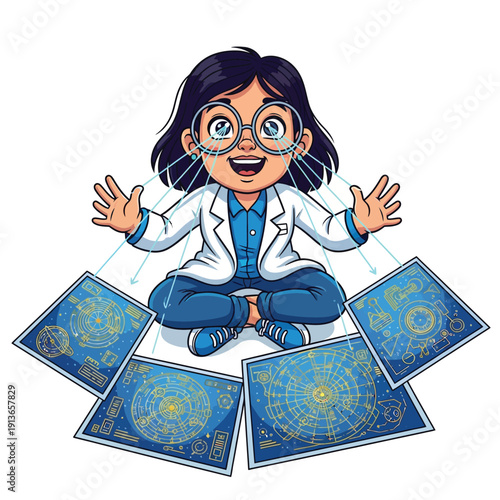 Cute scientist girl analyzing engineering blueprints using data vision, symbolizing STEM learning, innovation, visualization, and future technology concept.