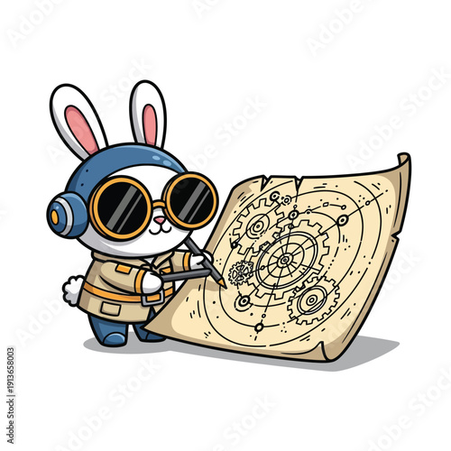 Cute Steampunk Rabbit Engineer Drawing Mechanical Blueprint Plan. Cartoon Bunny Character Mascot with Goggles and Gear Schematic.