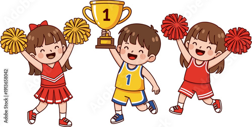 Happy kids celebrating victory, cute cartoon children with trophy and pom poms vector illustration set