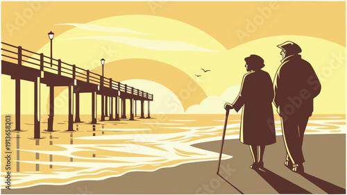Vintage Style Illustration of an Elderly Couple Walking on a Beach at Sunset near a Pier