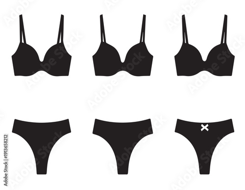 Isolated black lace bra and matching panties set featuring silk textile garment shape for fashion underwear beauty on white