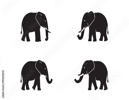 A comprehensive set of wild elephant silhouettes and cartoon illustrations featuring large safari mammals with tusks and trunks for nature-inspired vector design art