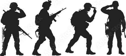 Military soldier silhouettes vector illustration, armed forces personnel in salute and action poses, patriotic army design for respect, service, honor, and duty