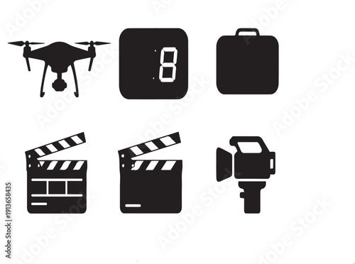 A professional set of black movie, video, and film camera icons designed as vector symbols for web, business, and technology media applications