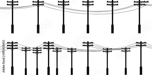 Utility pole silhouettes vector illustration, power lines taut and sagging, electrical infrastructure design for engineering, physics, urban planning, energy, industrial themes