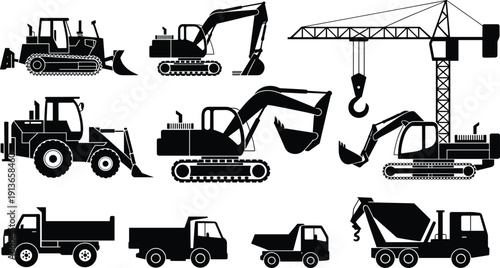 Construction vehicles silhouette vector illustration, excavators, bulldozers, cranes, dump trucks, cement mixer, heavy machinery design for building, excavation, industrial work projects