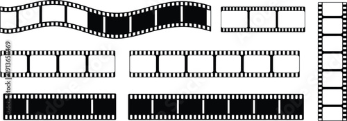 Film strip silhouettes vector illustration, photography and cinematography design elements, frames, perforations, wavy and straight strips for creative, artistic, media projects