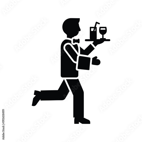 Waiter running, serving drinks on tray, restaurant service, hospitality, beverages, cafe