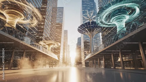 Futuristic Cityscape with Neon Lights and Skyscrapers.